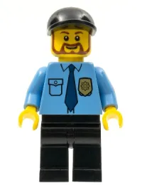LEGO Police - City Shirt with Dark Blue Tie and Gold Badge, Black Legs, Black Short Bill Cap, Brown Beard Rounded minifigure