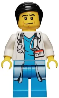LEGO Doctor - Long Lab Coat over Dark Azure Shirt, Stethoscope, Black Smooth Hair minifigure