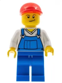 LEGO Overalls Blue over V-Neck Shirt, Blue Legs, Red Short Bill Cap, Crooked Smile minifigure