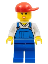 LEGO Overalls Blue over V-Neck Shirt, Blue Legs, Red Short Bill Cap, Open Mouth Smile minifigure