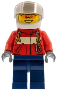 LEGO Fire - Pilot Male, Red Fire Suit with Carabiner, Dark Blue Legs, White Helmet, Trans-Black Visor, Orange Safety Glasses minifigure