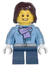 LEGO Medium Blue Jacket with Light Purple Scarf, Dark Blue Short Legs, Dark Brown Mid-Length Tousled Hair minifigure