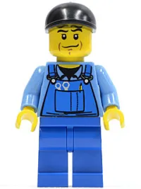 LEGO Overalls with Tools in Pocket Blue, Black Short Bill Cap, Chin Dimple minifigure