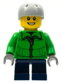 LEGO Winter Jacket Zipper, Dark Blue Short Legs, Light Bluish Gray Sports Helmet minifigure
