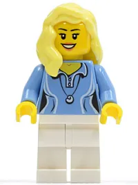 LEGO Medium Blue Female Shirt with Two Buttons and Shell Pendant, White Legs, Bright Light Yellow Female Hair over Shoulder minifigure