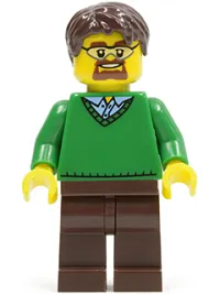 LEGO Green V-Neck Sweater, Dark Brown Legs, Dark Brown Short Tousled Hair, Safety Goggles minifigure