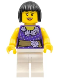 LEGO Female Dark Purple Blouse with Gold Sash and Flowers, White Legs, Black Bob Cut Hair minifigure