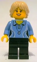 LEGO Medium Blue Female Shirt with Two Buttons and Shell Pendant, Black Legs, Tan Tousled and Layered Hair minifigure