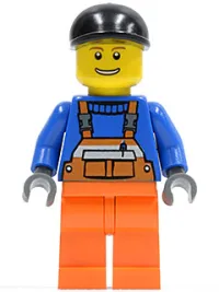 LEGO Overalls with Safety Stripe Orange, Orange Legs, Black Short Bill Cap, Brown Eyebrows and Open Smile minifigure