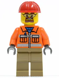 LEGO Construction Worker - Orange Zipper, Safety Stripes, Orange Arms, Dark Tan Legs, Red Construction Helmet, Safety Goggles minifigure