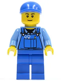 LEGO Overalls with Tools in Pocket Blue, Blue Short Bill Cap, Thin Grin minifigure