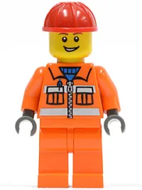 LEGO Construction Worker - Orange Zipper, Safety Stripes, Orange Arms, Orange Legs, Red Construction Helmet, Open Grin minifigure