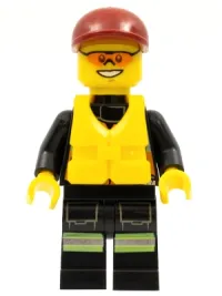 LEGO Fire - Reflective Stripe Vest with Pockets and Shoulder Strap, Dark Red Short Bill Cap, Life Jacket Center Buckle minifigure