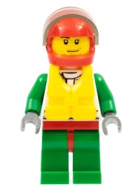 LEGO Octan - Jacket with Red and Green Stripe, Red Hips and Green Legs, Red Helmet, Trans-Black Visor, Smirk and Stubble Beard, Life Jacket Center Buckle minifigure