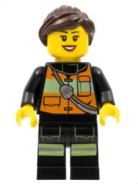 LEGO Fire - Reflective Stripe Vest with Pockets and Shoulder Strap, Dark Brown Ponytail and Swept Sideways Fringe minifigure