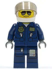 LEGO Forest Police - Helicopter Pilot, Dark Blue Flight Suit with Badge, Helmet, Black and Silver Sunglasses, NO Eyebrows minifigure