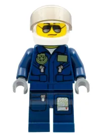 LEGO Forest Police - Helicopter Pilot, Dark Blue Flight Suit with Badge, Helmet, Black and Silver Sunglasses, Black Eyebrows minifigure