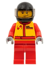 LEGO Monster Truck Driver, Race Suit with Airborne Spoilers Logo, Black Helmet with Trans-Black Visor, Crooked Smile minifigure