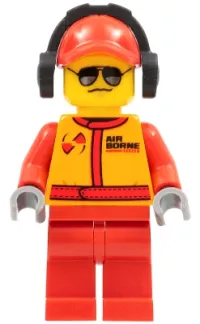 LEGO Monster Truck Mechanic, Race Suit with Airborne Spoilers Logo, Red Cap with Hole, Headphones, Black and Silver Sunglasses minifigure