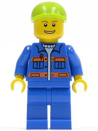 LEGO Blue Jacket with Pockets and Orange Stripes, Blue Legs, Lime Short Bill Cap, Thin Grin with Teeth minifigure