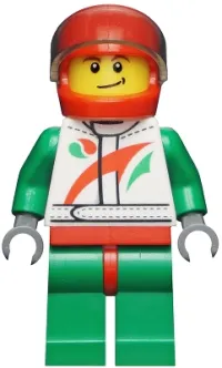 LEGO Race Car Driver, White Race Suit with Octan Logo, Red Helmet with Trans-Black Visor, Crooked Smile with Black Dimple minifigure