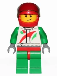 LEGO Race Car Driver, White Race Suit with Octan Logo, Red Helmet with Trans-Black Visor, Crooked Smile with Brown Dimple minifigure