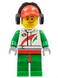 LEGO Race Car Mechanic, White Race Suit with Octan Logo, Red Cap with Hole, Headphones, Smirk and Stubble Beard minifigure