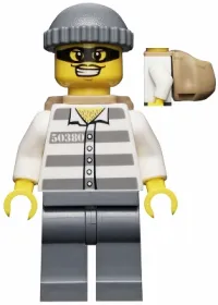 LEGO Police - Jail Prisoner 50380 Prison Stripes, Dark Bluish Gray Legs, Dark Bluish Gray Knit Cap, Backpack, Mask minifigure