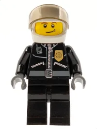 LEGO Police - City Leather Jacket with Gold Badge and 'POLICE' on Back, White Helmet, Trans-Black Visor, Crooked Smile minifigure