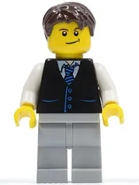 LEGO Black Vest with Blue Striped Tie, Light Bluish Gray Legs, White Arms, Dark Brown Short Tousled Hair, Crooked Smile minifigure