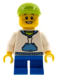 LEGO White Hoodie with Blue Pockets, Blue Short Legs, Lime Short Bill Cap minifigure