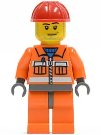 LEGO Construction Worker - Orange Zipper, Safety Stripes, Orange Arms, Orange Legs, Dark Bluish Gray Hips, Red Construction Helmet, Smirk and Stubble Beard minifigure