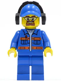 LEGO Blue Jacket with Pockets and Orange Stripes, Blue Legs, Blue Cap with Hole, Headphones, Safety Goggles minifigure