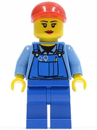 LEGO Overalls with Tools in Pocket Blue, Red Short Bill Cap, Eyelashes and Red Lips minifigure