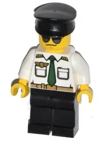 LEGO Airport - Pilot, White Shirt with Dark Green Tie and Belt, Black Legs, Black Hat minifigure