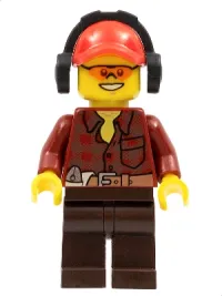LEGO Flannel Shirt with Pocket and Belt, Dark Brown Legs, Red Cap with Hole, Headphones, Orange Safety Glasses minifigure