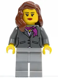 LEGO Dark Bluish Gray Jacket with Magenta Scarf, Light Bluish Gray Legs, Reddish Brown Female Hair over Shoulder, Red Lips minifigure