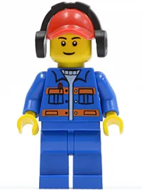 LEGO Blue Jacket with Pockets and Orange Stripes, Blue Legs, Red Cap with Hole, Headphones minifigure