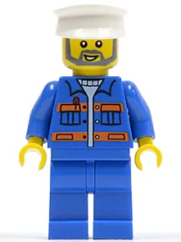 LEGO Blue Jacket with Pockets and Orange Stripes, Blue Legs, White Hat, Gray Beard minifigure