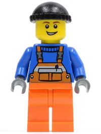 LEGO Overalls with Safety Stripe Orange, Orange Legs, Black Knit Cap (Dock Worker) minifigure