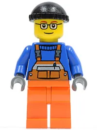LEGO Overalls with Safety Stripe Orange, Orange Legs, Black Knit Cap, Glasses (Crane Operator) minifigure