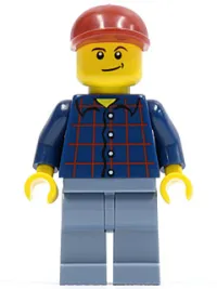 LEGO Plaid Button Shirt, Sand Blue Legs, Dark Red Short Bill Cap, Lopsided Smile with Dimple minifigure