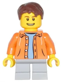 LEGO Orange Jacket with Hood over Light Blue Sweater, Light Bluish Gray Short Legs, Reddish Brown Short Tousled Hair minifigure