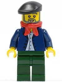 LEGO Dark Blue Jacket, Light Blue Shirt, Dark Green Legs, Red Bandana, Black Beret minifigure