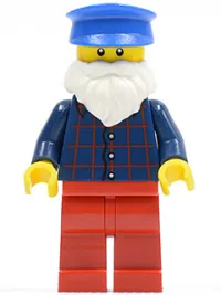 LEGO Plaid Button Shirt, Red Legs, White Short Beard, Blue Hat minifigure
