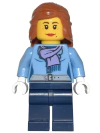 LEGO Medium Blue Jacket with Light Purple Scarf, Dark Blue Legs, Dark Orange Female Hair Mid-Length minifigure