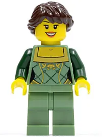 LEGO Sand Green Female Corset with Gold Trimmed Front, Sand Green Legs, Dark Brown Hair Ponytail Long French Braided minifigure