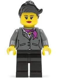 LEGO Dark Bluish Gray Jacket with Magenta Scarf, Black Legs, Top Knot Bun minifigure
