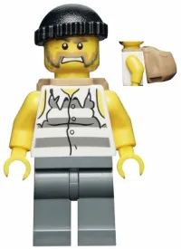 LEGO Police - Jail Prisoner Shirt with Prison Stripes and Torn out Sleeves, Dark Bluish Gray Legs, Black Knit Cap, Backpack minifigure