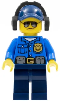 LEGO Police - City Officer, Gold Badge, Dark Blue Cap with Hole, Headphones, Sunglasses minifigure